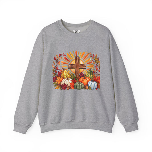 Faithful Harvest Sweatshirt Cross and Autumn Pumpkins Crewneck