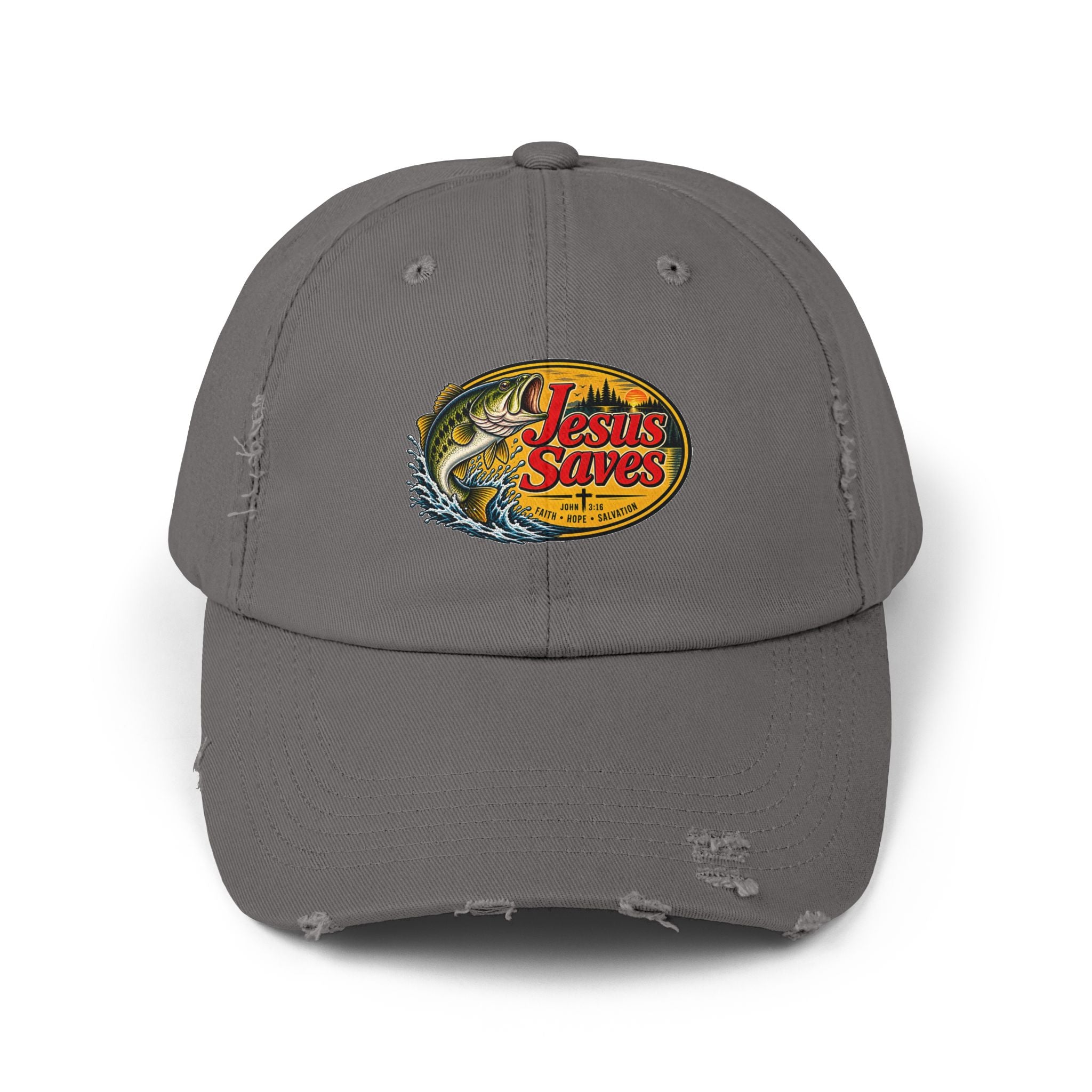 Distressed Cap — "Jesus Saves" Fishing Graphic Hat
