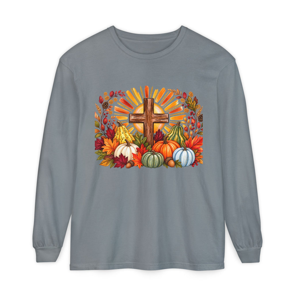 Christian Fall Cross Long Sleeve Tee Autumn Pumpkins and Leaves