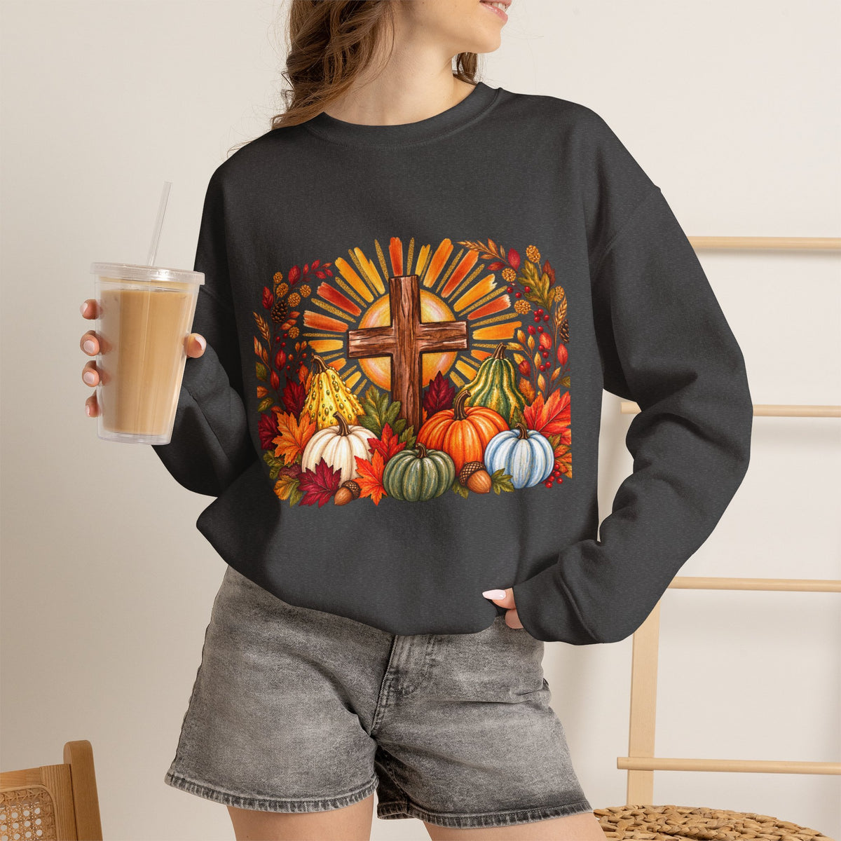 Faithful Harvest Sweatshirt  Cross and Autumn Pumpkins Crewneck