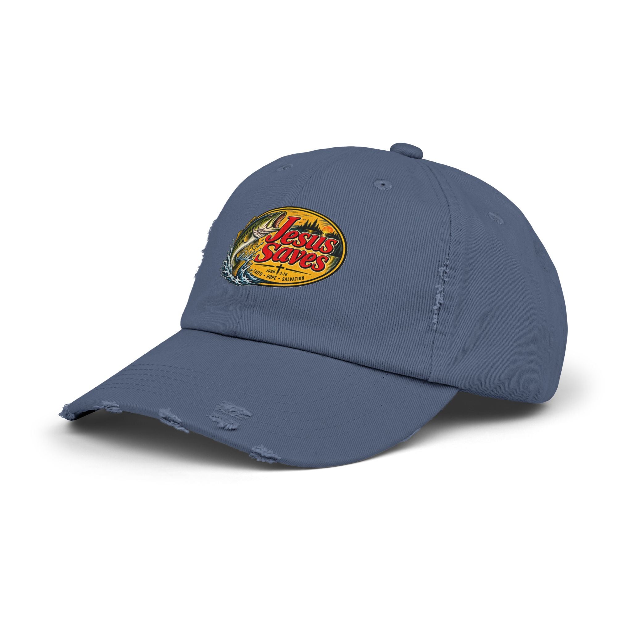 Distressed Cap — "Jesus Saves" Fishing Graphic Hat