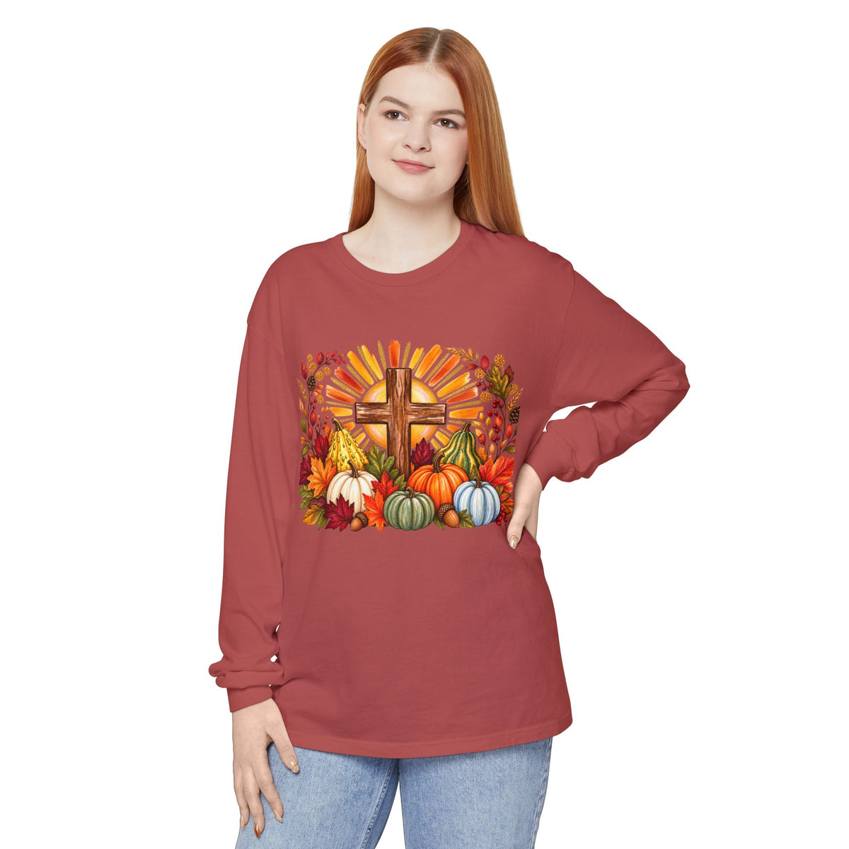 Christian Fall Cross Long Sleeve Tee Autumn Pumpkins and Leaves