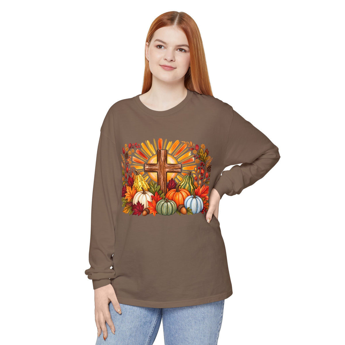 Christian Fall Cross Long Sleeve Tee Autumn Pumpkins and Leaves
