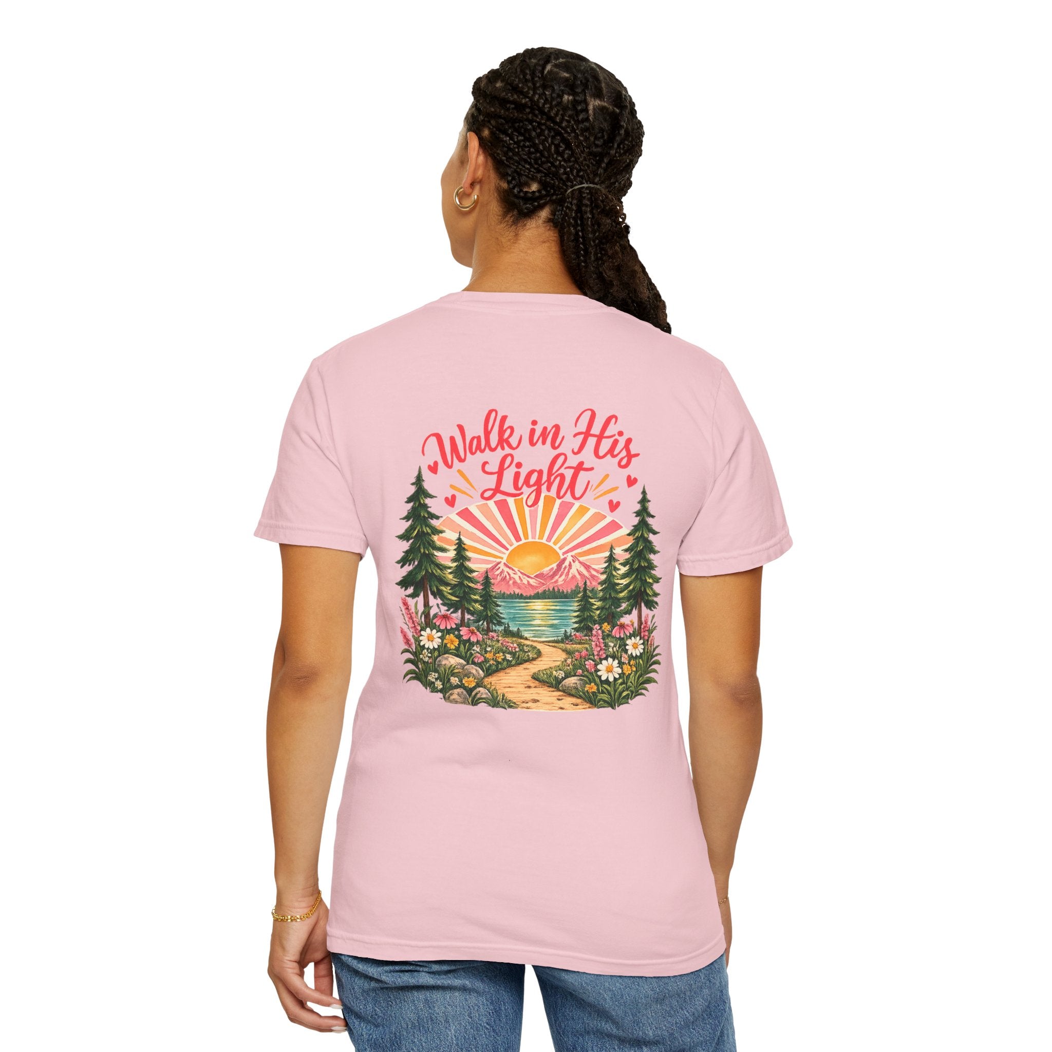 Walk in His Light T‑Shirt — Christian Sunrise Nature Tee