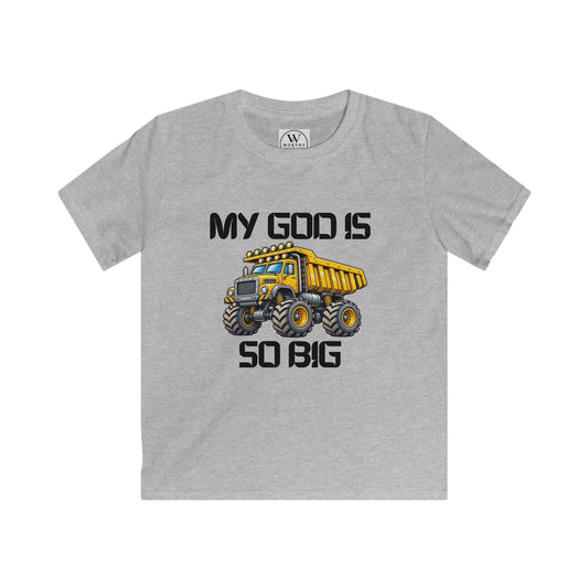 Kids Tee – "My God Is So Big" Yellow Dump Truck Graphic