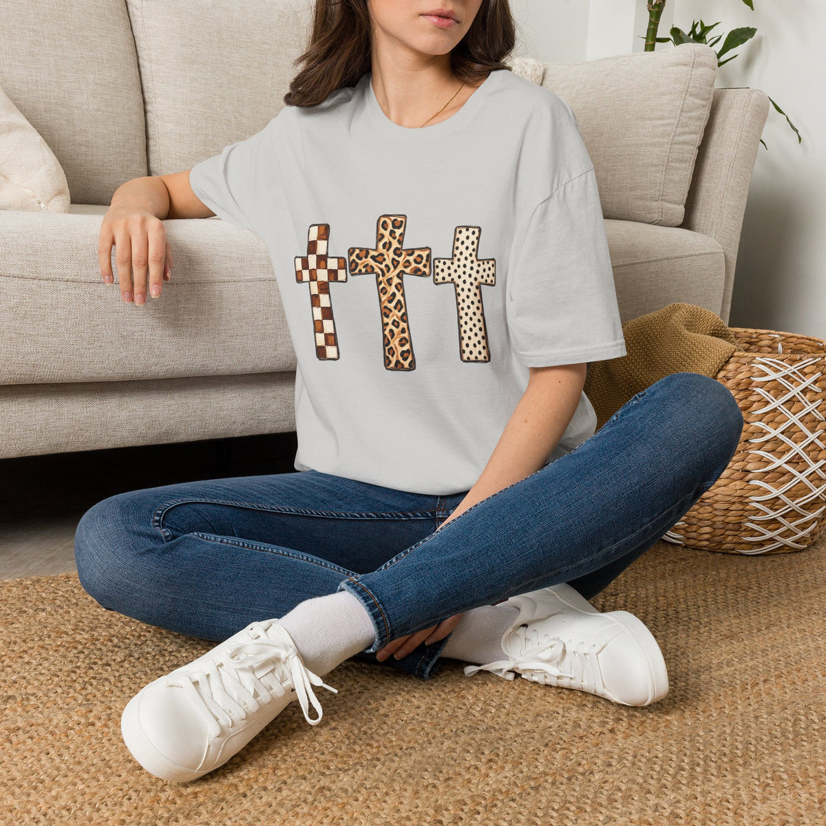 Leopard Checker Crosses Graphic T Shirt  Christian Faith Tee
