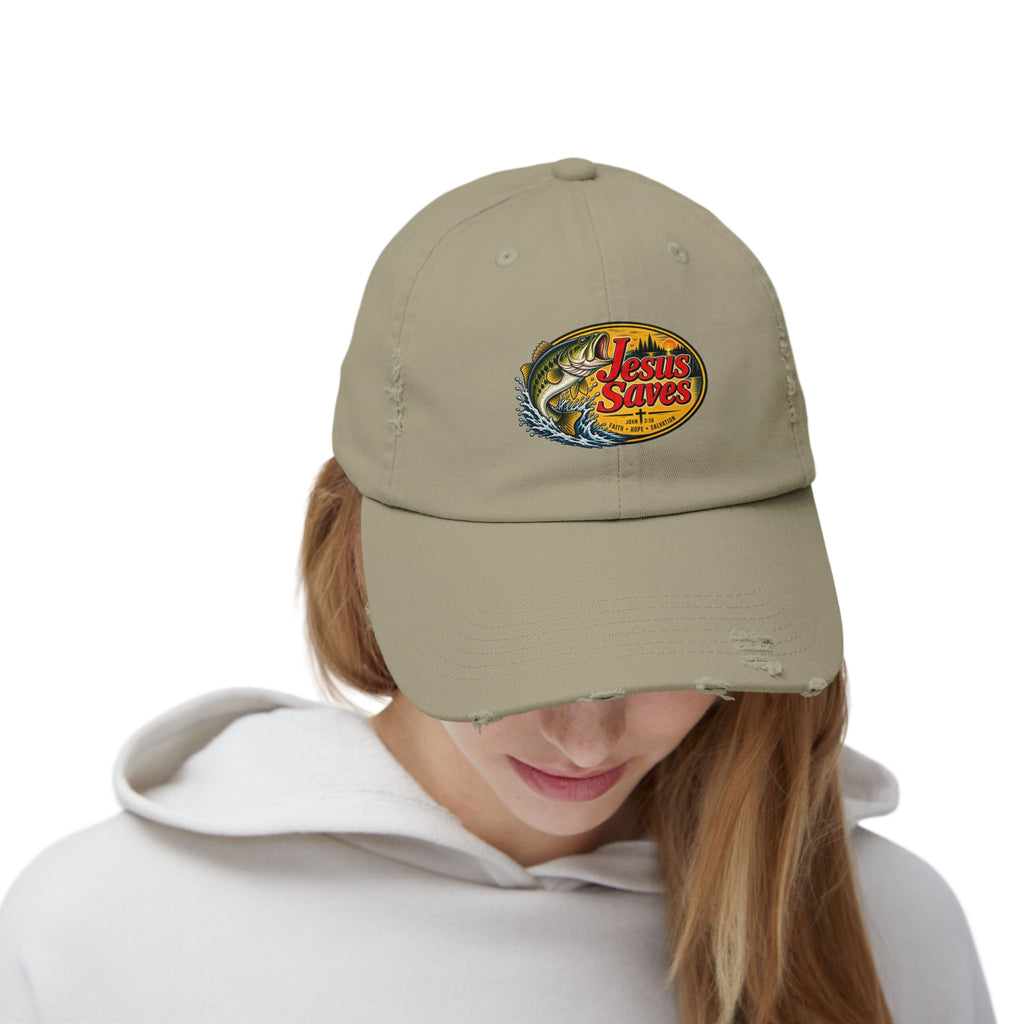 Distressed Cap — "Jesus Saves" Fishing Graphic Hat
