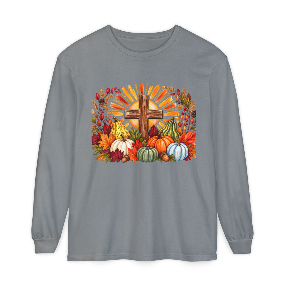 Christian Fall Cross Long Sleeve Tee Autumn Pumpkins and Leaves