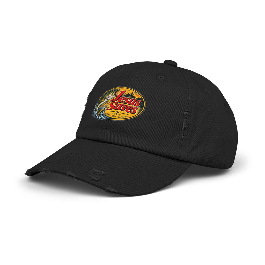 Distressed Cap — "Jesus Saves" Fishing Graphic Hat