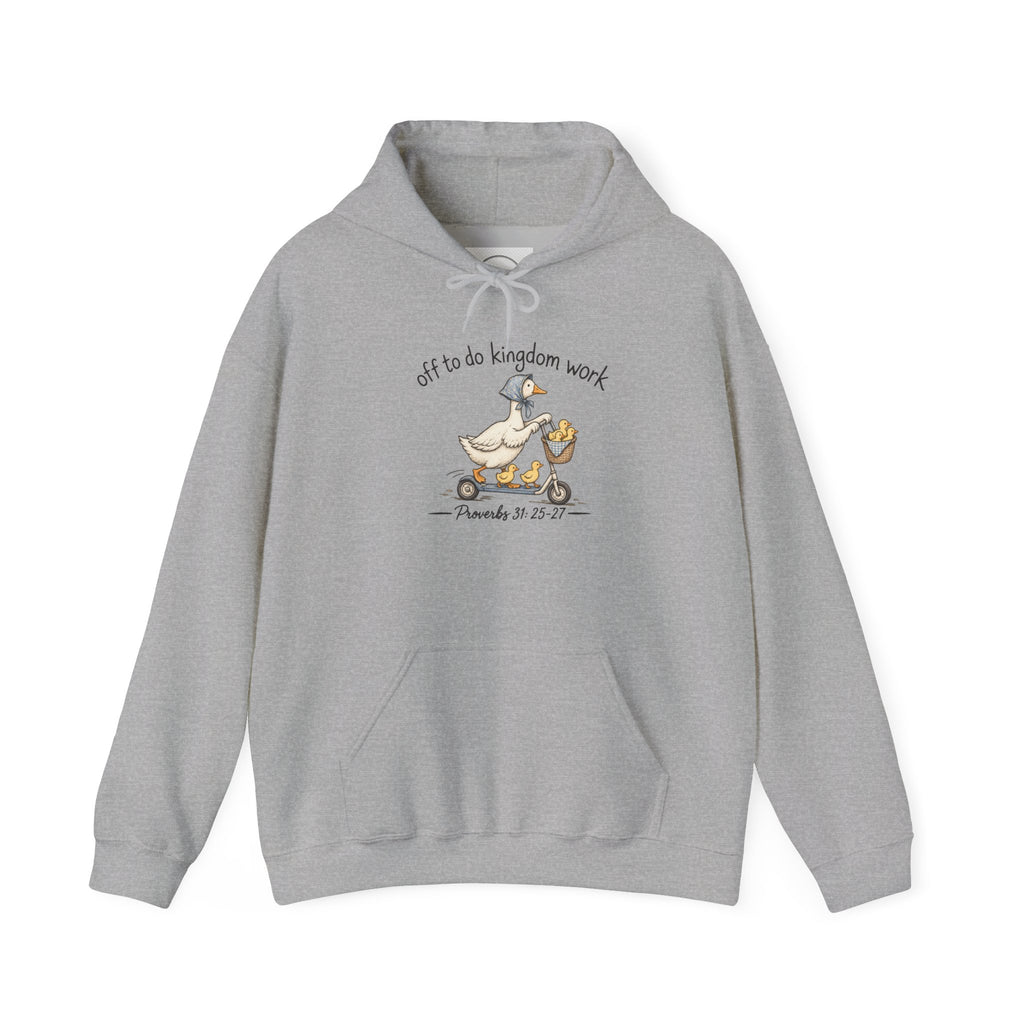Hoodie — "Off to Do Kingdom Work" Goose Cartoon Christian Hoodie (Proverbs 31:25-27)