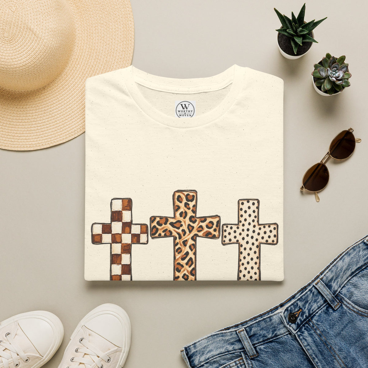 Leopard Checker Crosses Graphic T Shirt  Christian Faith Tee