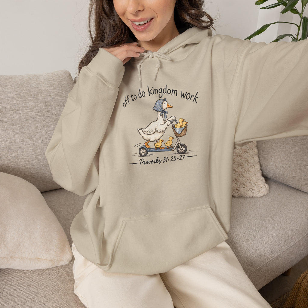 Hoodie — "Off to Do Kingdom Work" Goose Cartoon Christian Hoodie (Proverbs 31:25-27)