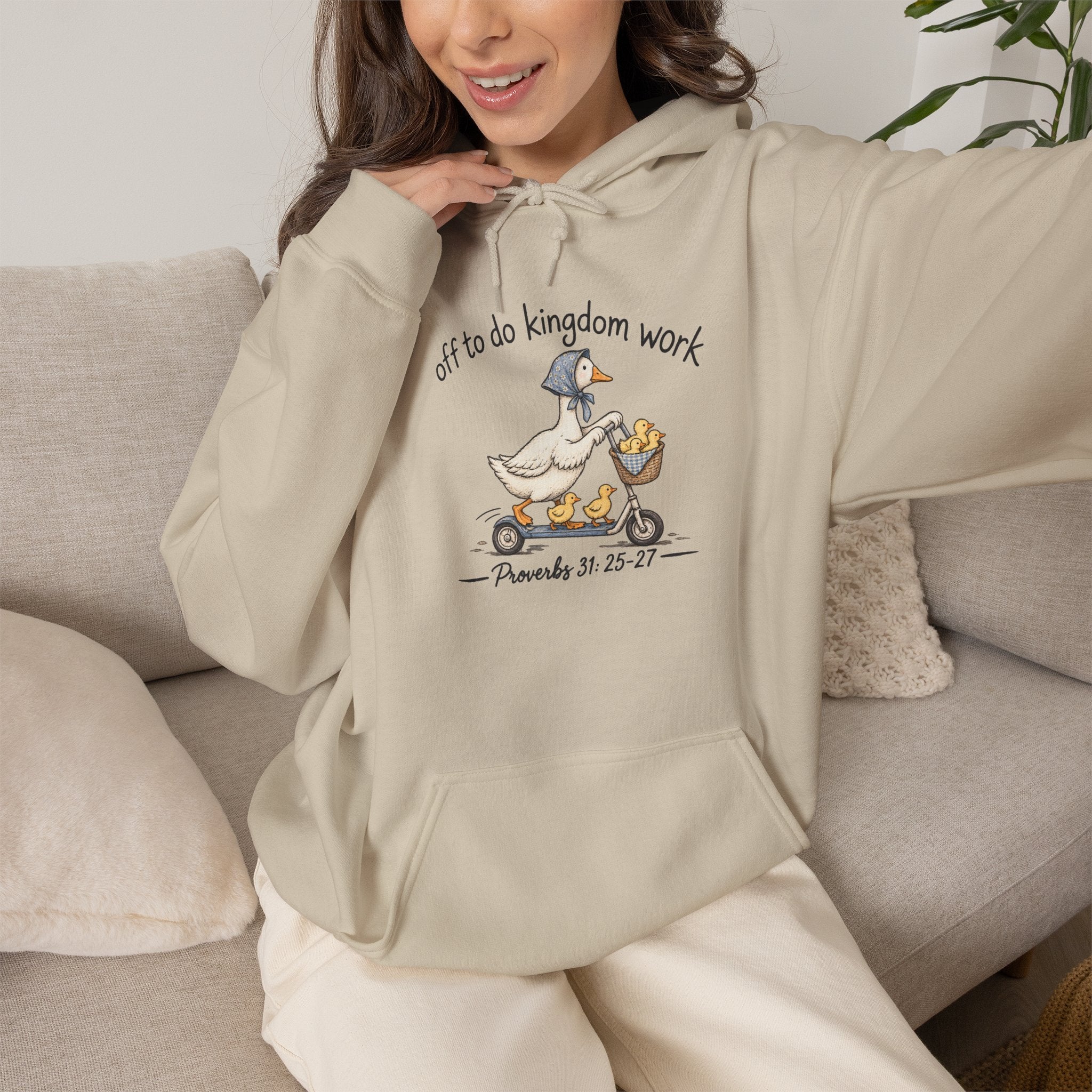 Hoodie — "Off to Do Kingdom Work" Goose Cartoon Christian Hoodie (Proverbs 31:25-27)