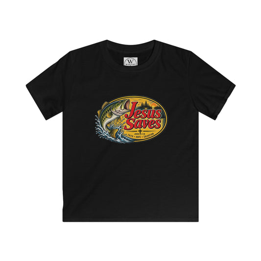 Kids Tee — 'Jesus Saves' Fishing Graphic Christian Shirt