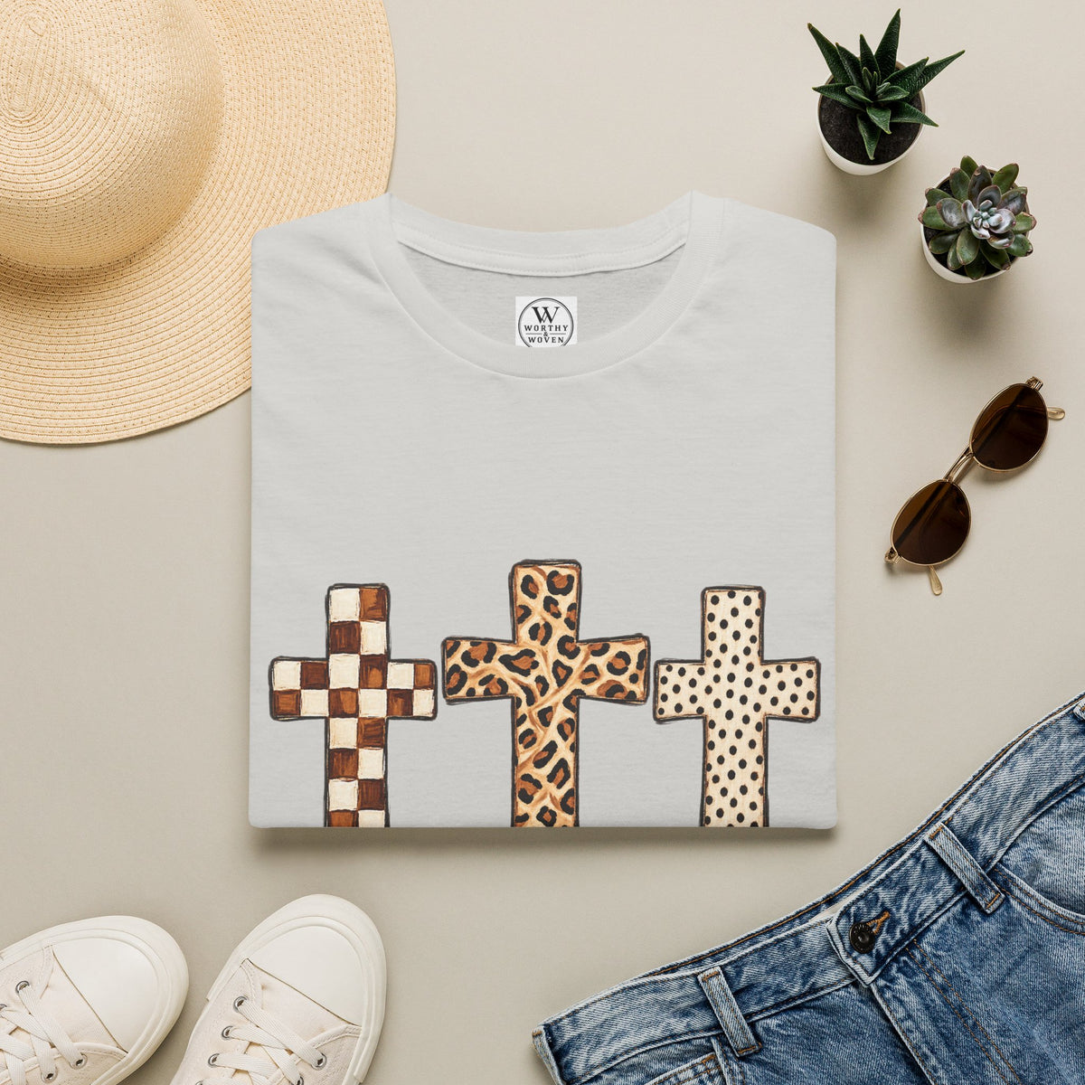 Leopard Checker Crosses Graphic T Shirt  Christian Faith Tee