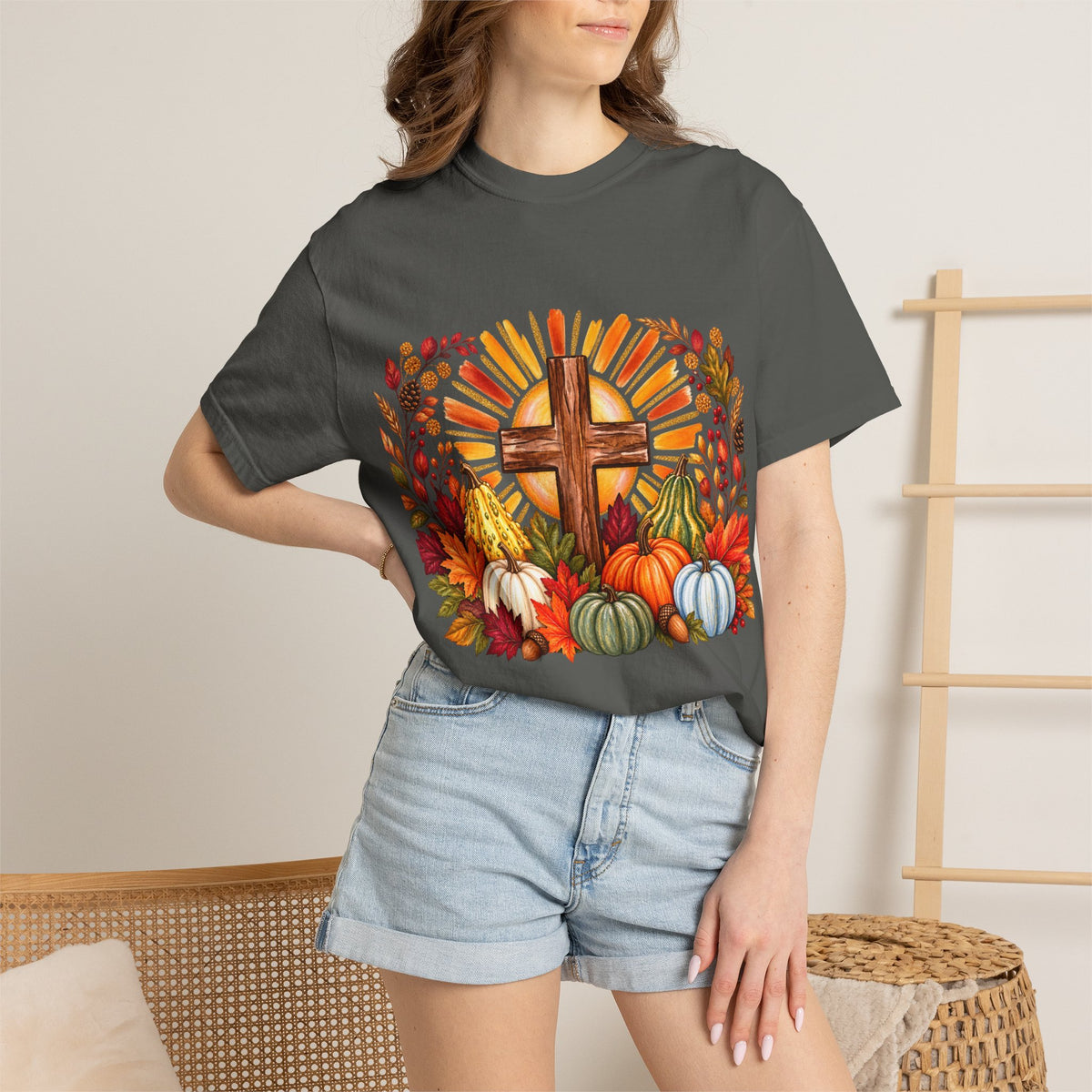Autumn Harvest Cross TShirt Fall Pumpkin  and Faith Graphic