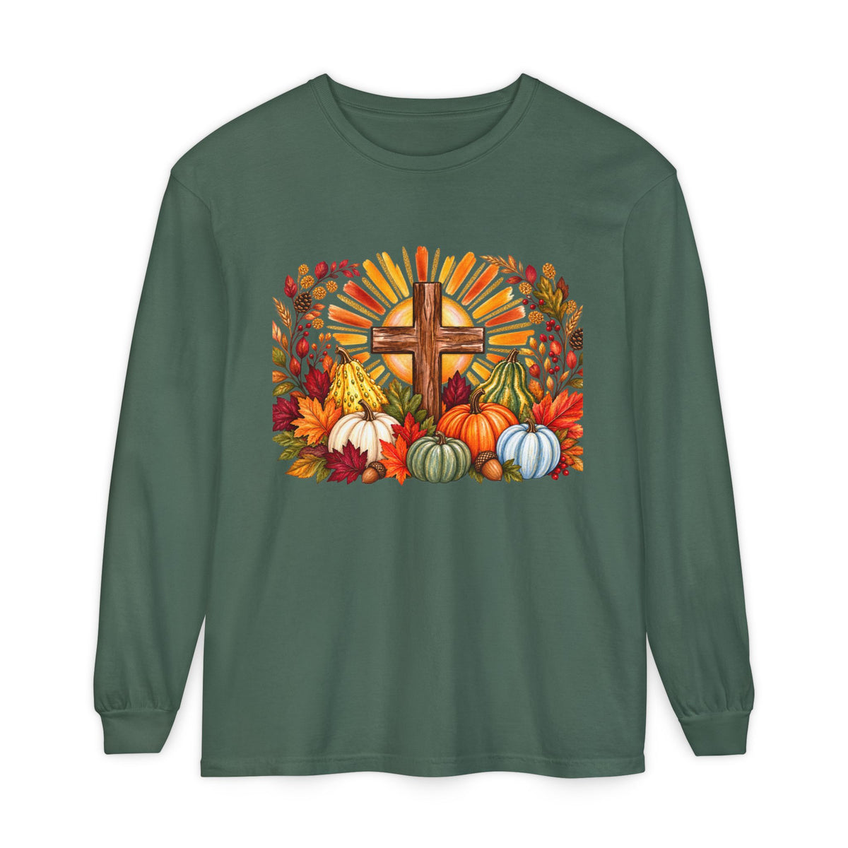 Christian Fall Cross Long Sleeve Tee Autumn Pumpkins and Leaves