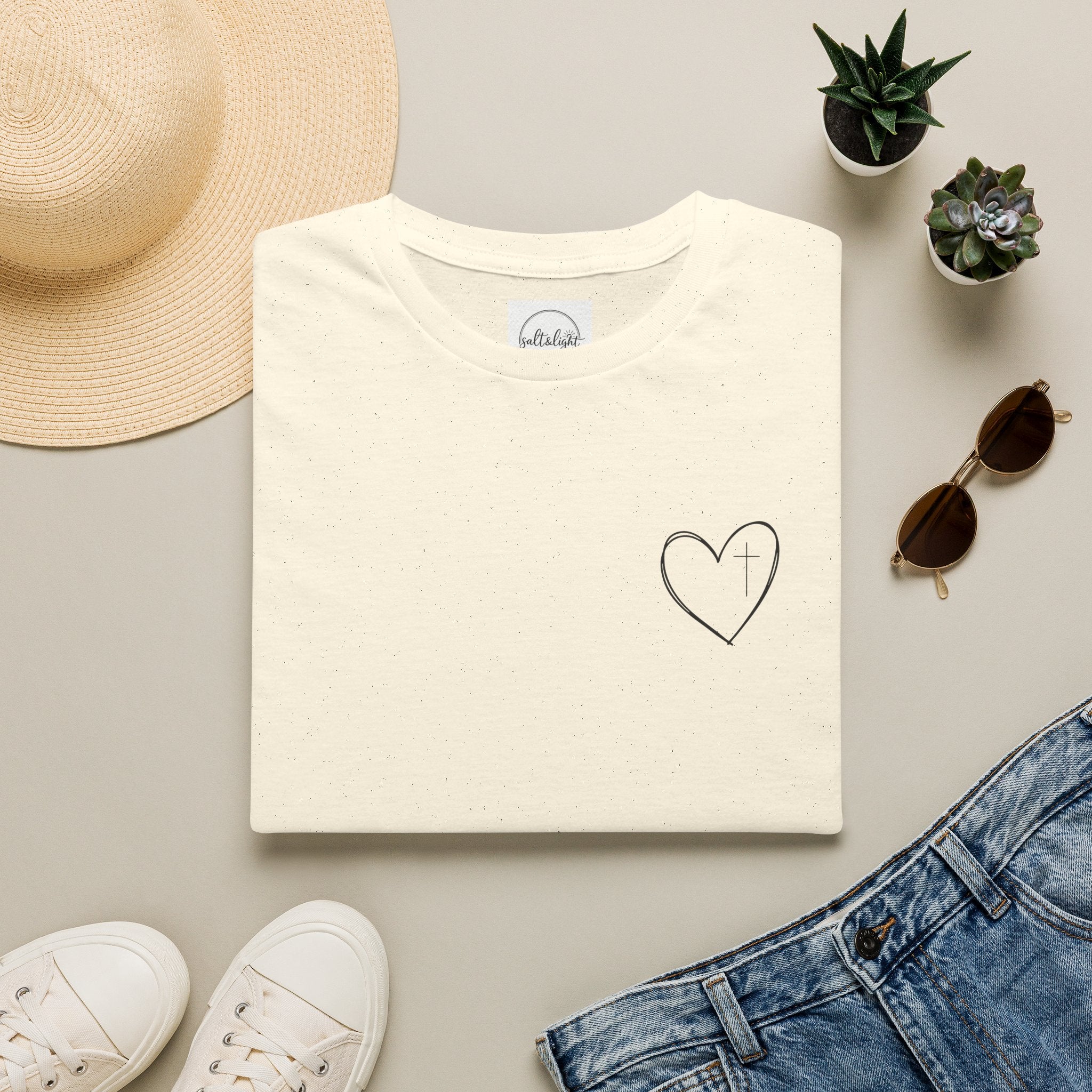 Minimal Cross Heart T‑Shirt — Simple Christian Heart Chest Tee