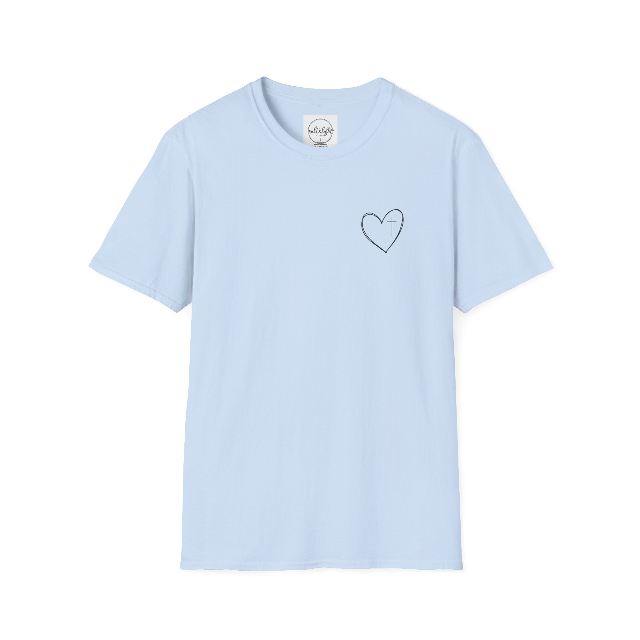 Minimal Cross Heart T‑Shirt — Simple Christian Heart Chest Tee
