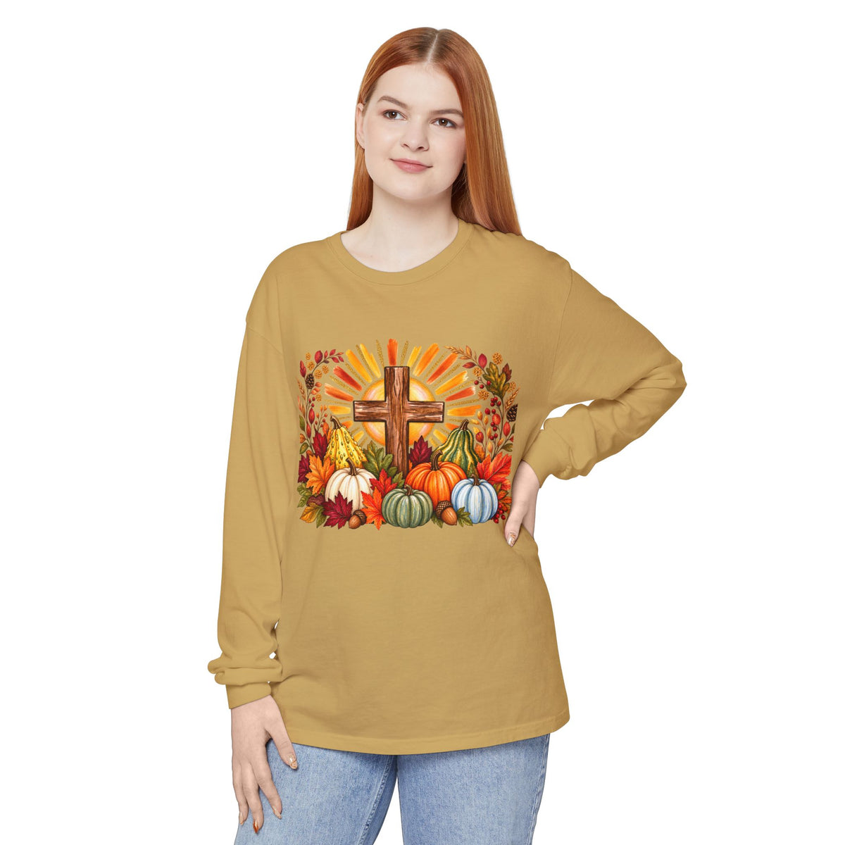 Christian Fall Cross Long Sleeve Tee Autumn Pumpkins and Leaves