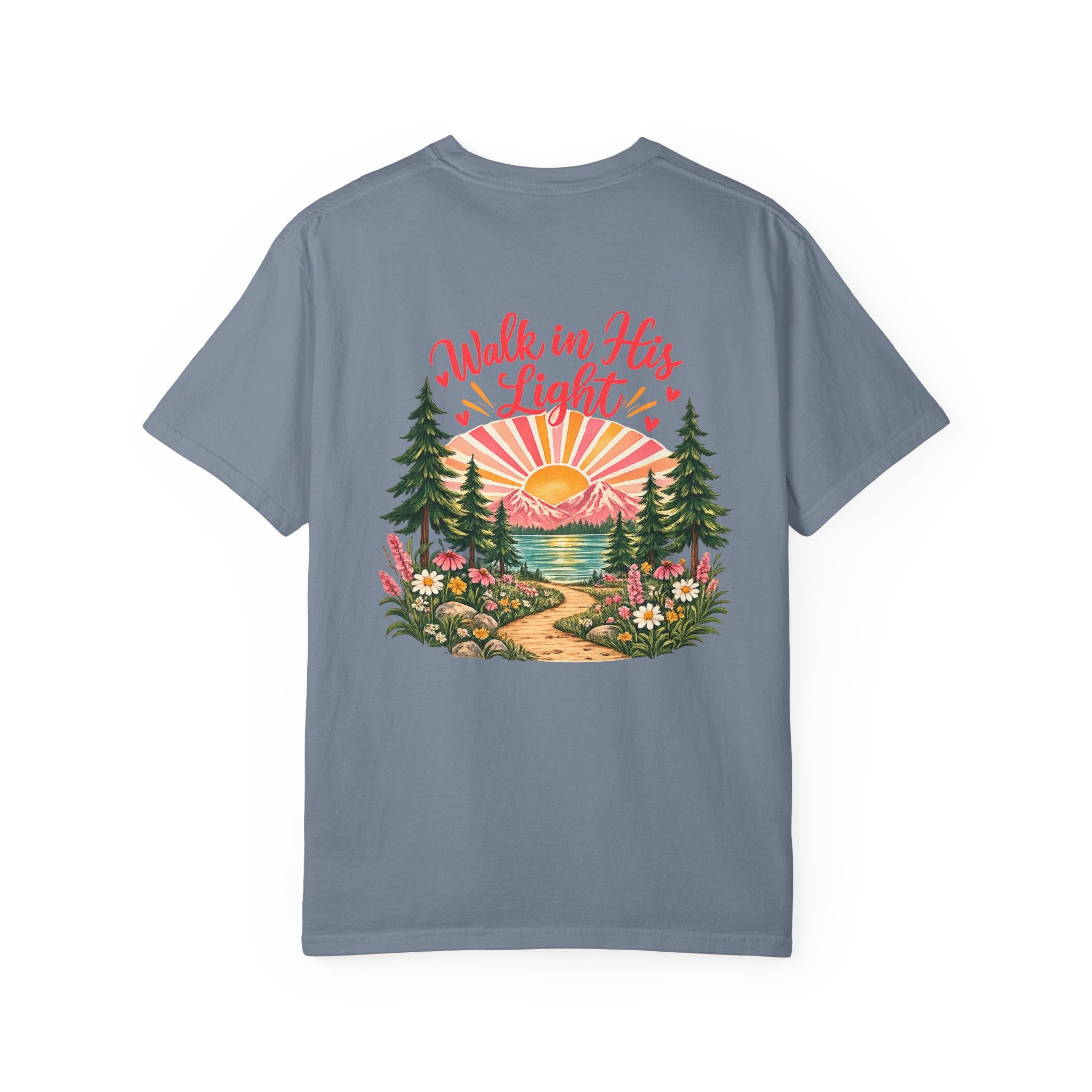 Walk in His Light T‑Shirt — Christian Sunrise Nature Tee