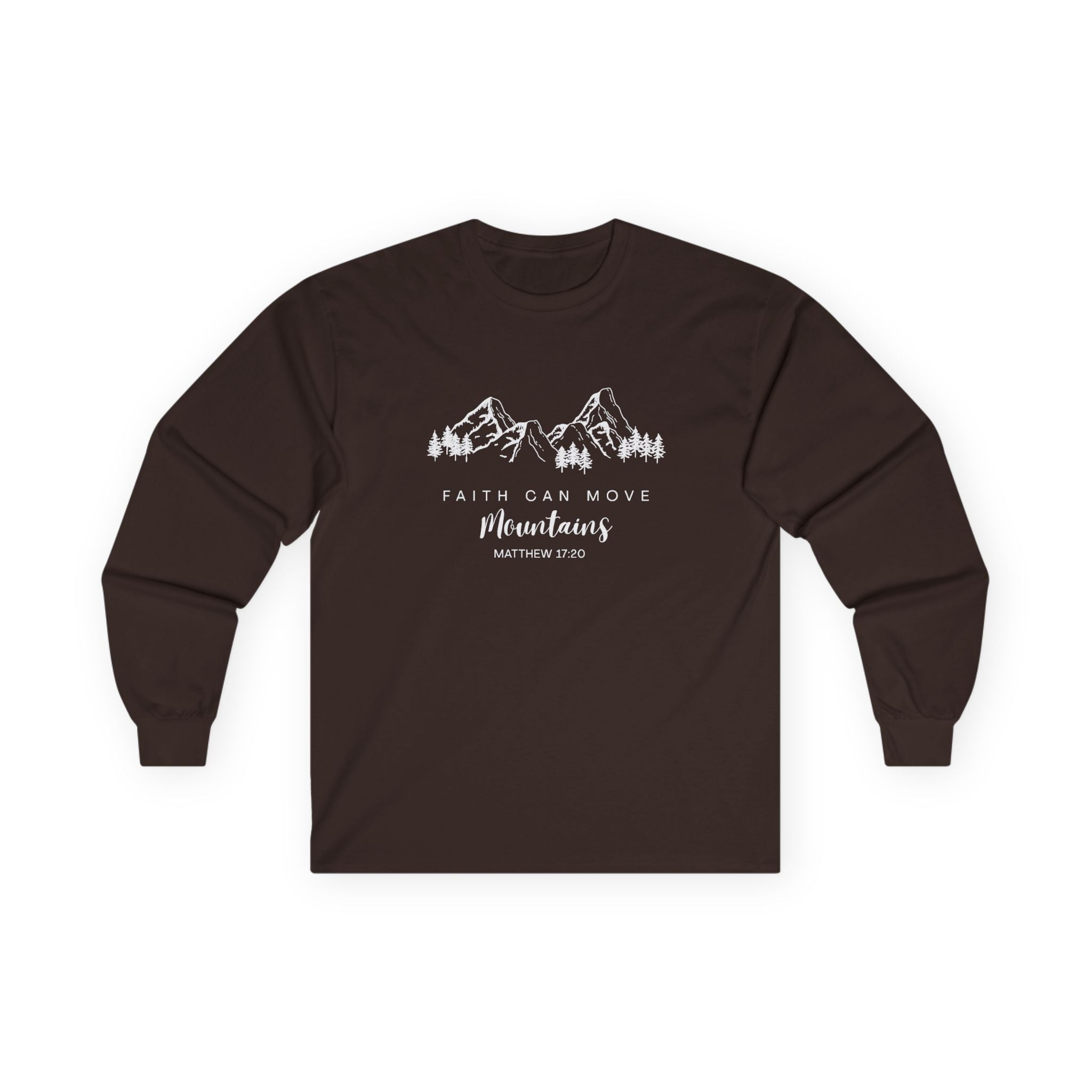 Long Sleeve Tee — "Faith Can Move Mountains" Mountain Graphic