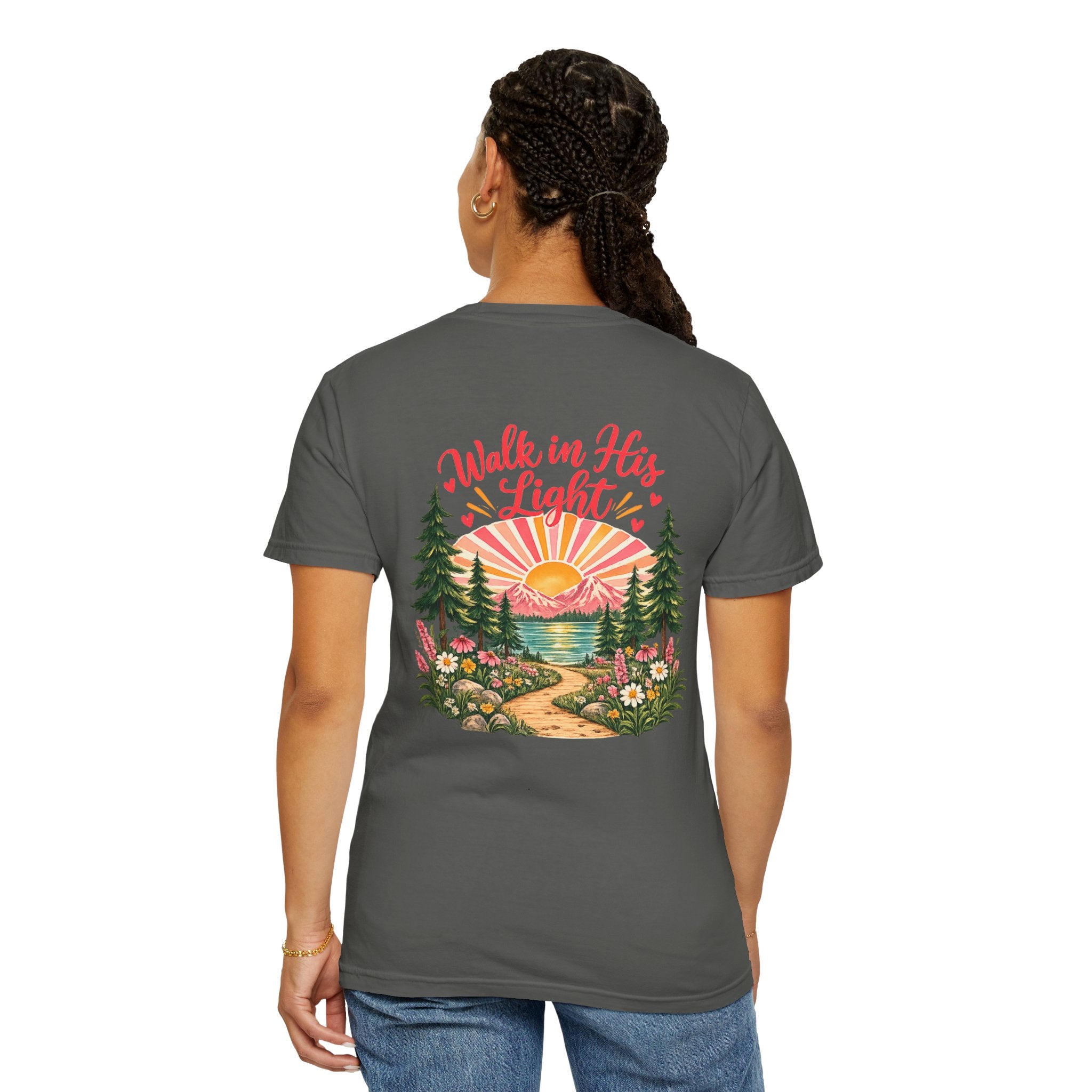 Walk in His Light T‑Shirt — Christian Sunrise Nature Tee