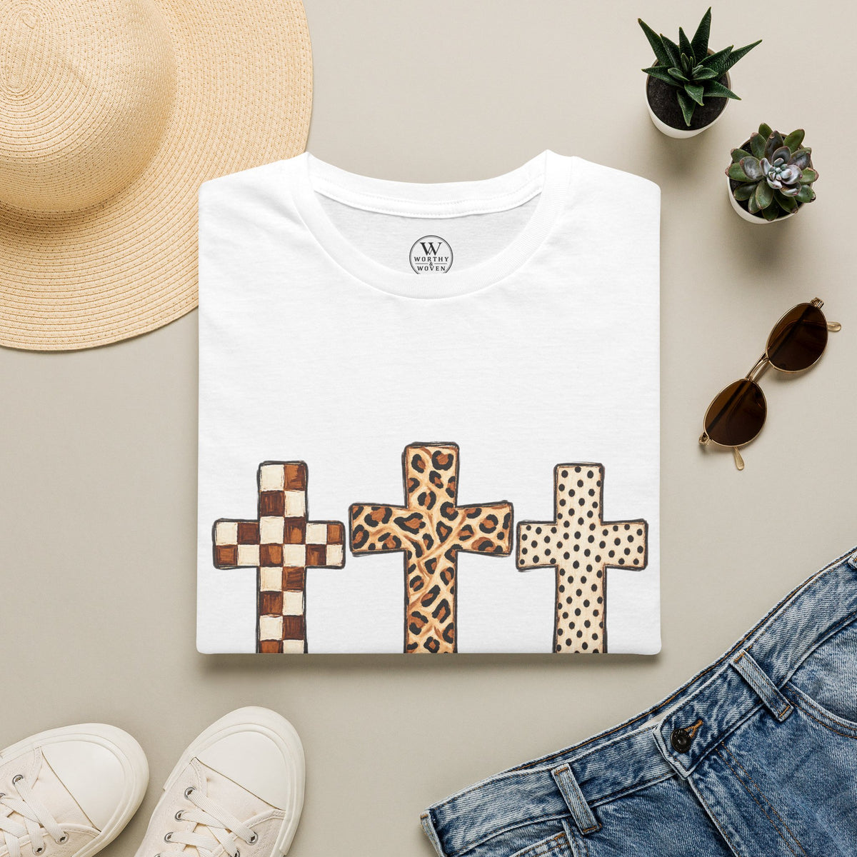 Leopard Checker Crosses Graphic T Shirt  Christian Faith Tee