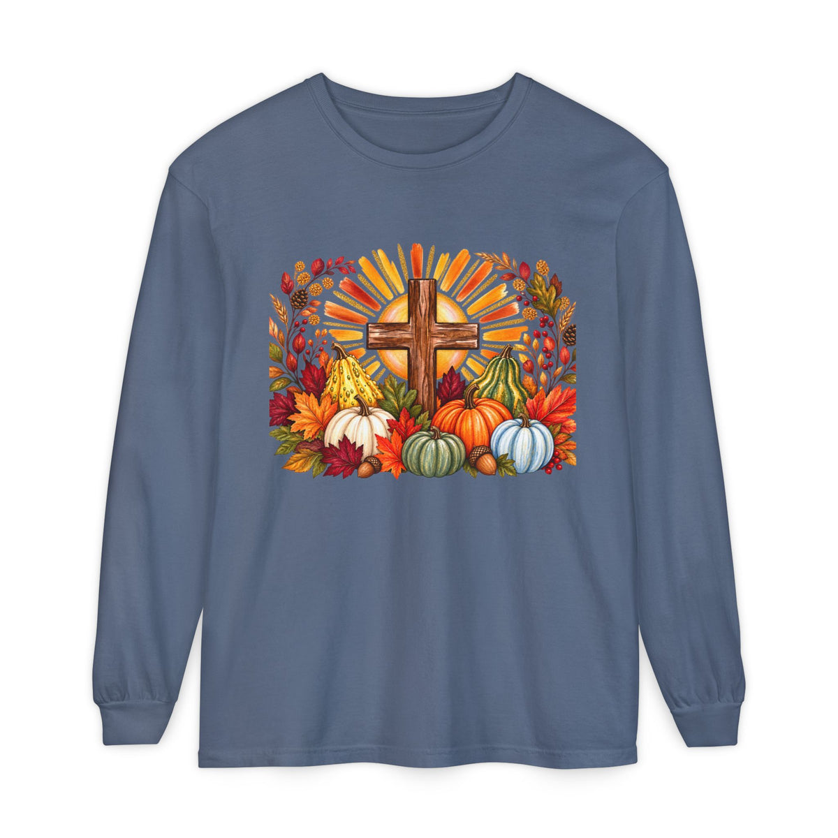 Christian Fall Cross Long Sleeve Tee Autumn Pumpkins and Leaves