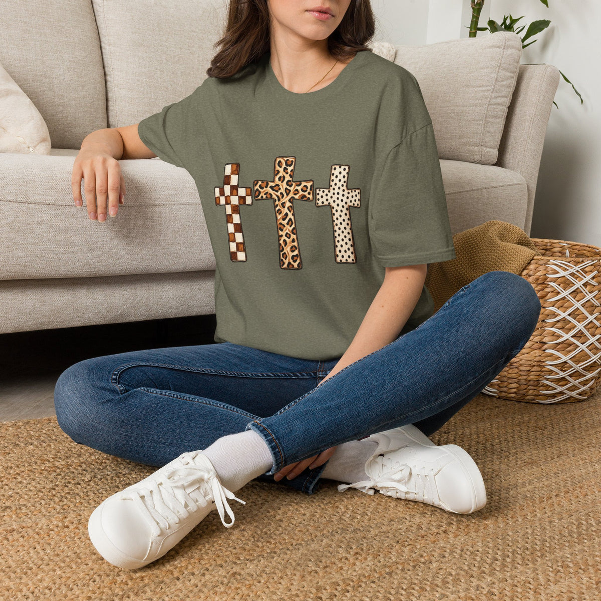 Leopard Checker Crosses Graphic T Shirt  Christian Faith Tee