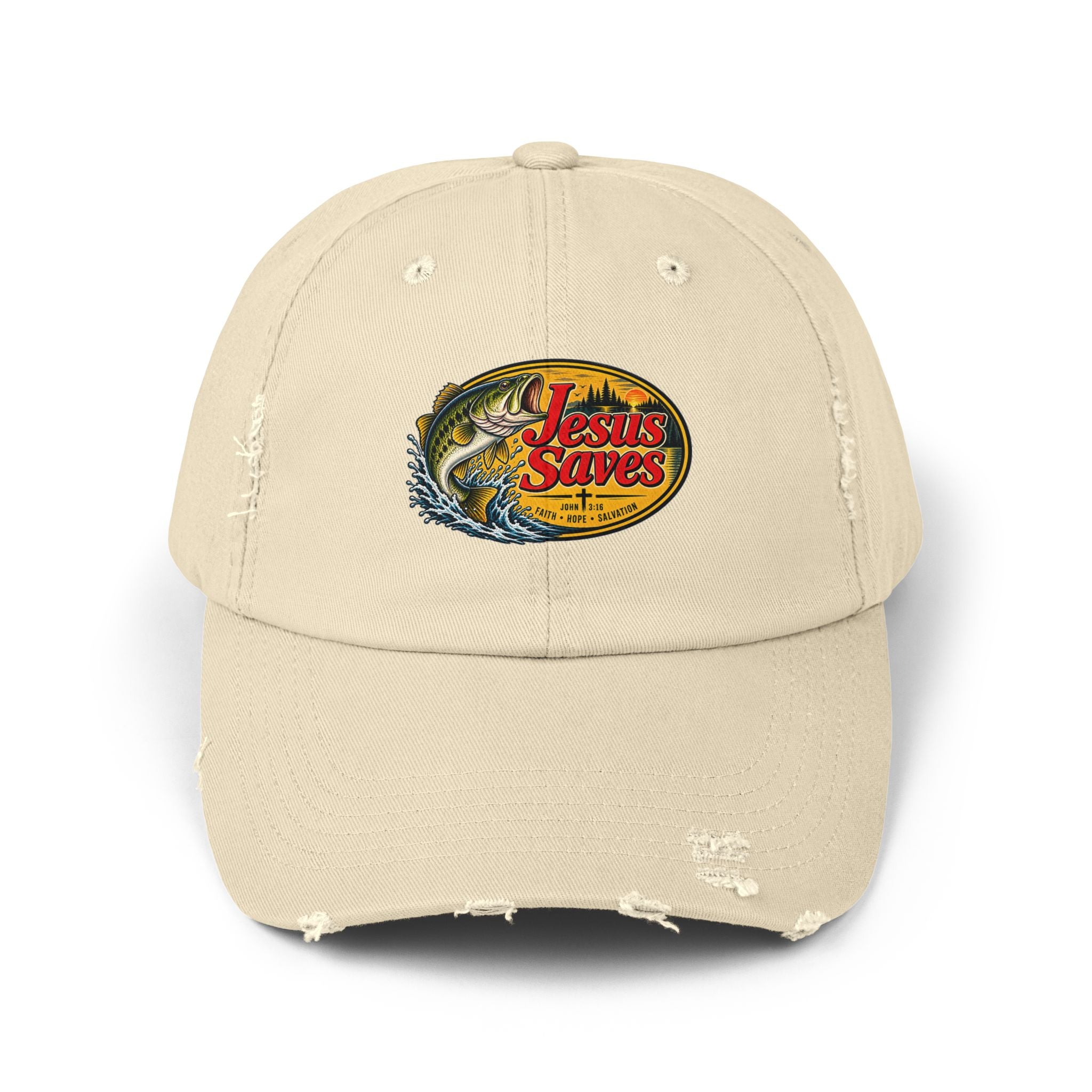 Distressed Cap — "Jesus Saves" Fishing Graphic Hat