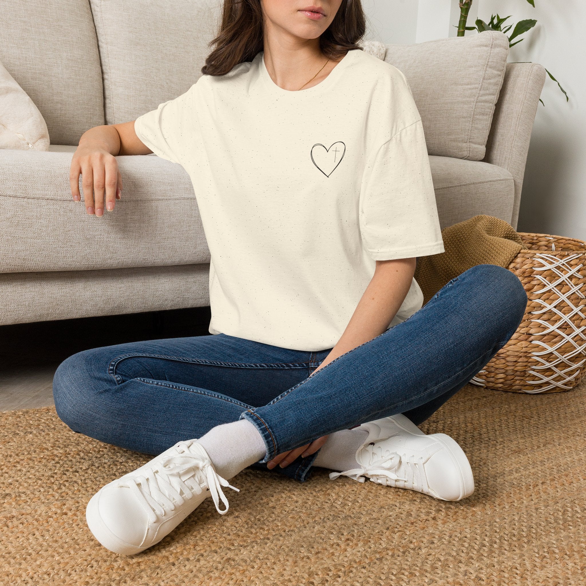 Minimal Cross Heart T‑Shirt — Simple Christian Heart Chest Tee