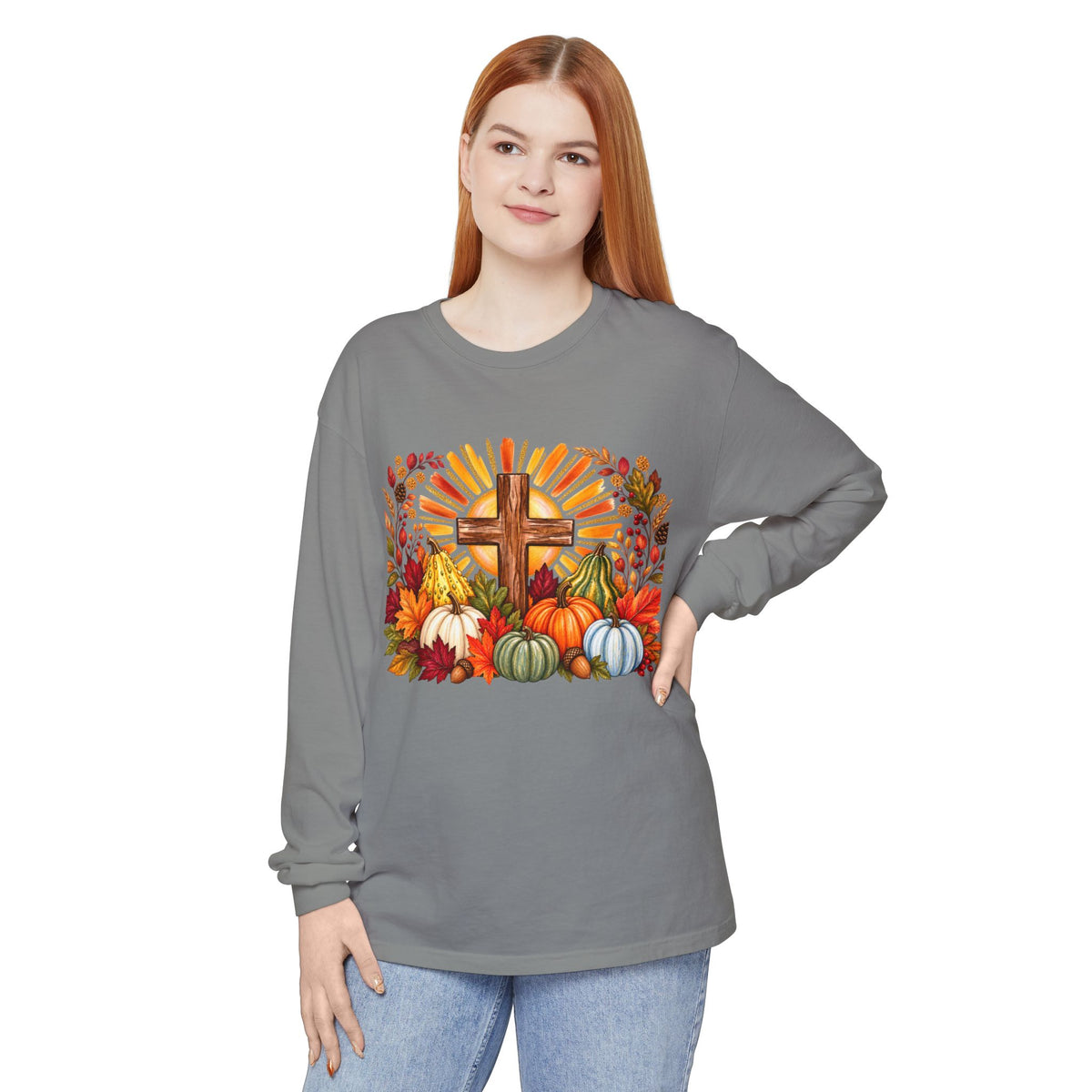 Christian Fall Cross Long Sleeve Tee Autumn Pumpkins and Leaves