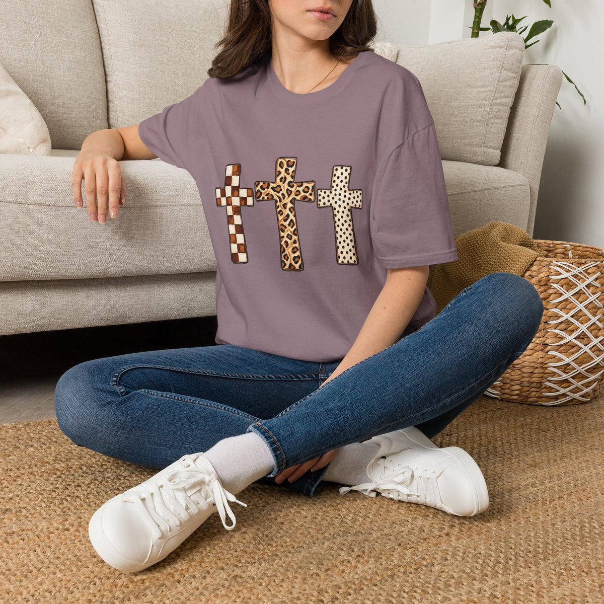 Leopard Checker Crosses Graphic T Shirt  Christian Faith Tee