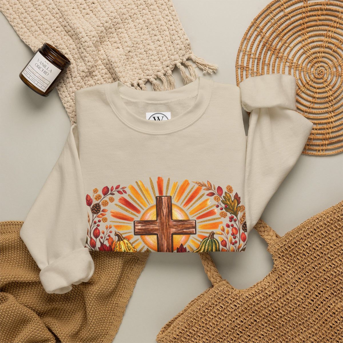 Faithful Harvest Sweatshirt  Cross and Autumn Pumpkins Crewneck