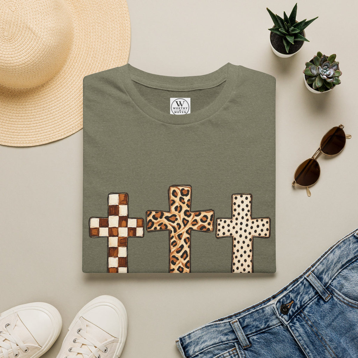Leopard Checker Crosses Graphic T Shirt  Christian Faith Tee