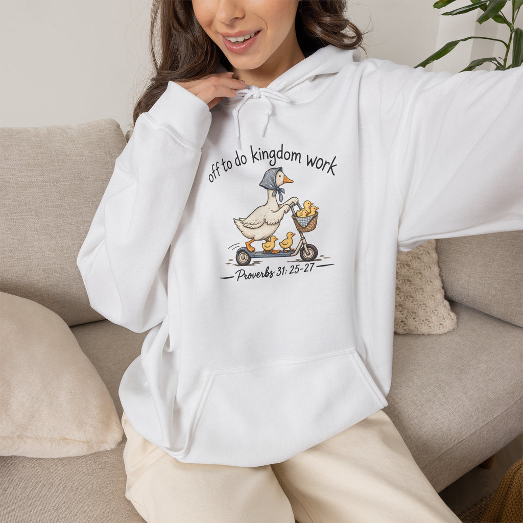 Hoodie — "Off to Do Kingdom Work" Goose Cartoon Christian Hoodie (Proverbs 31:25-27)