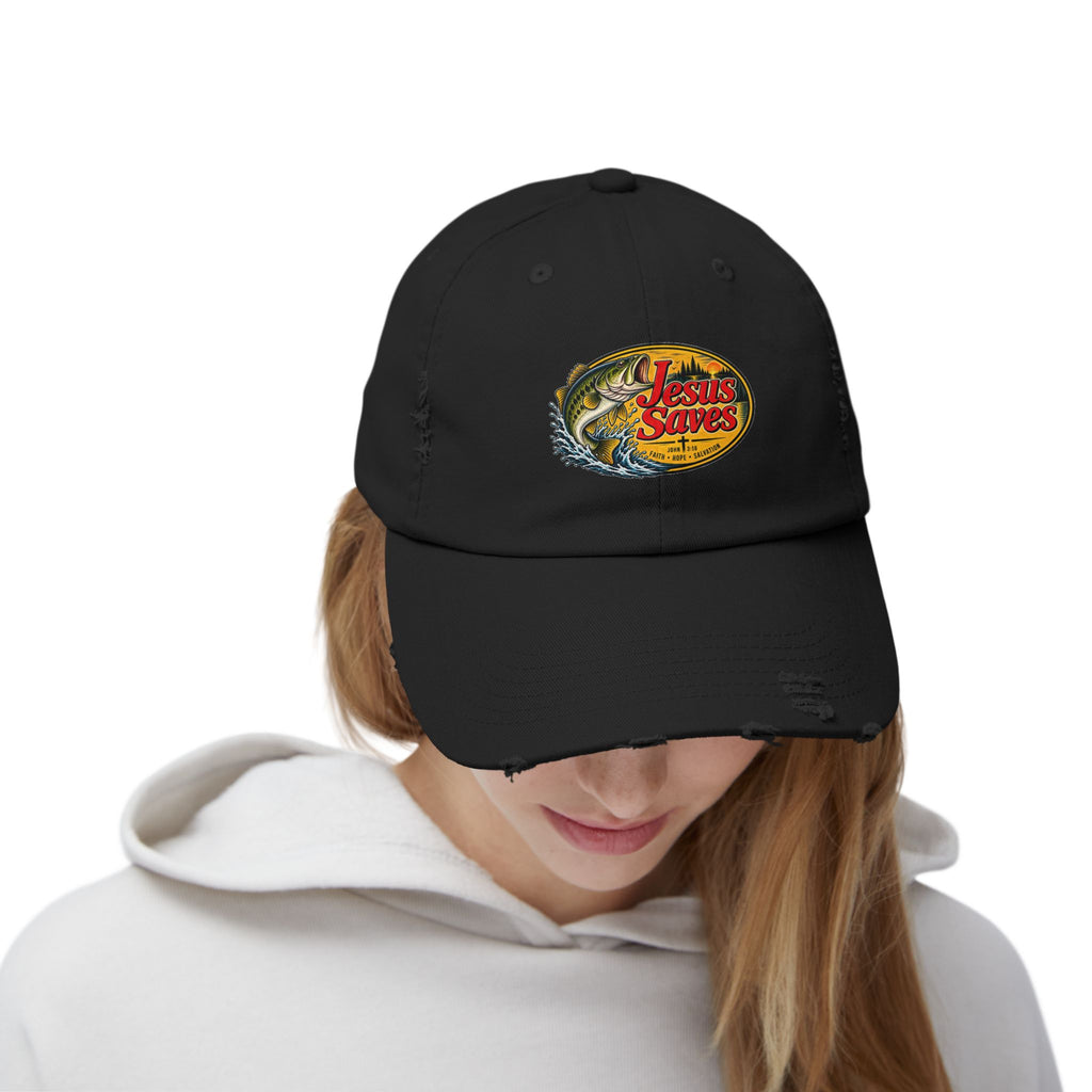 Distressed Cap — "Jesus Saves" Fishing Graphic Hat