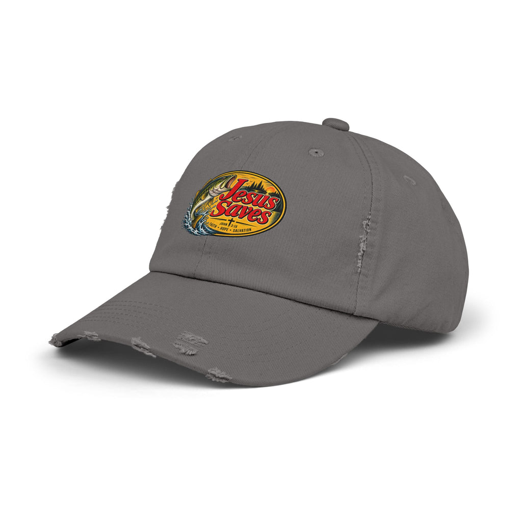 Distressed Cap — "Jesus Saves" Fishing Graphic Hat