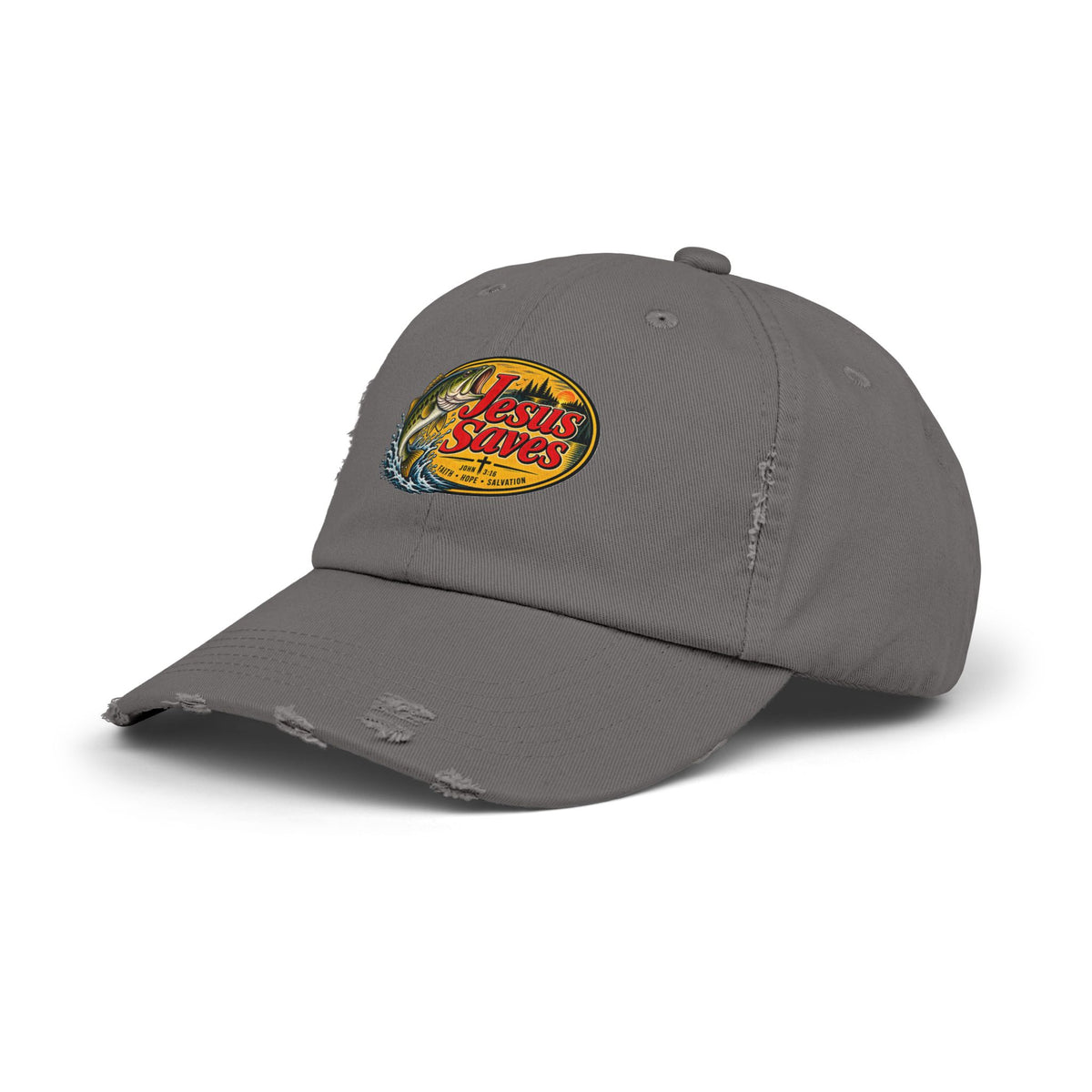 Distressed Cap — "Jesus Saves" Fishing Graphic Hat