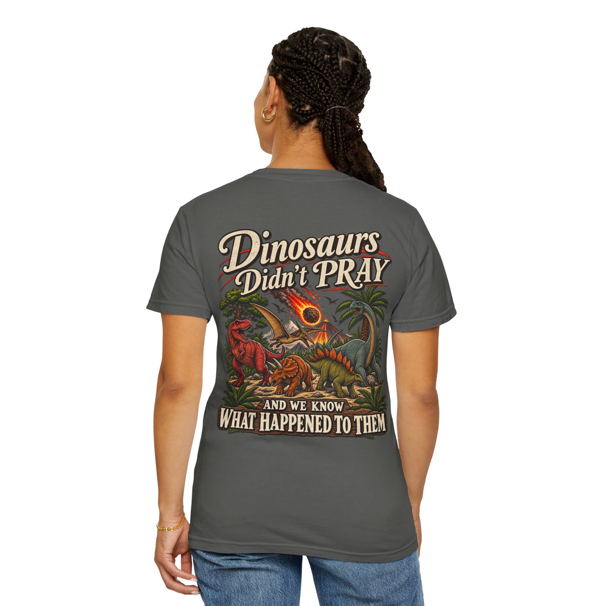 Dinosaur Graphic TShirt Dinosaurs Didn’t Pray Vintage Retro Tee