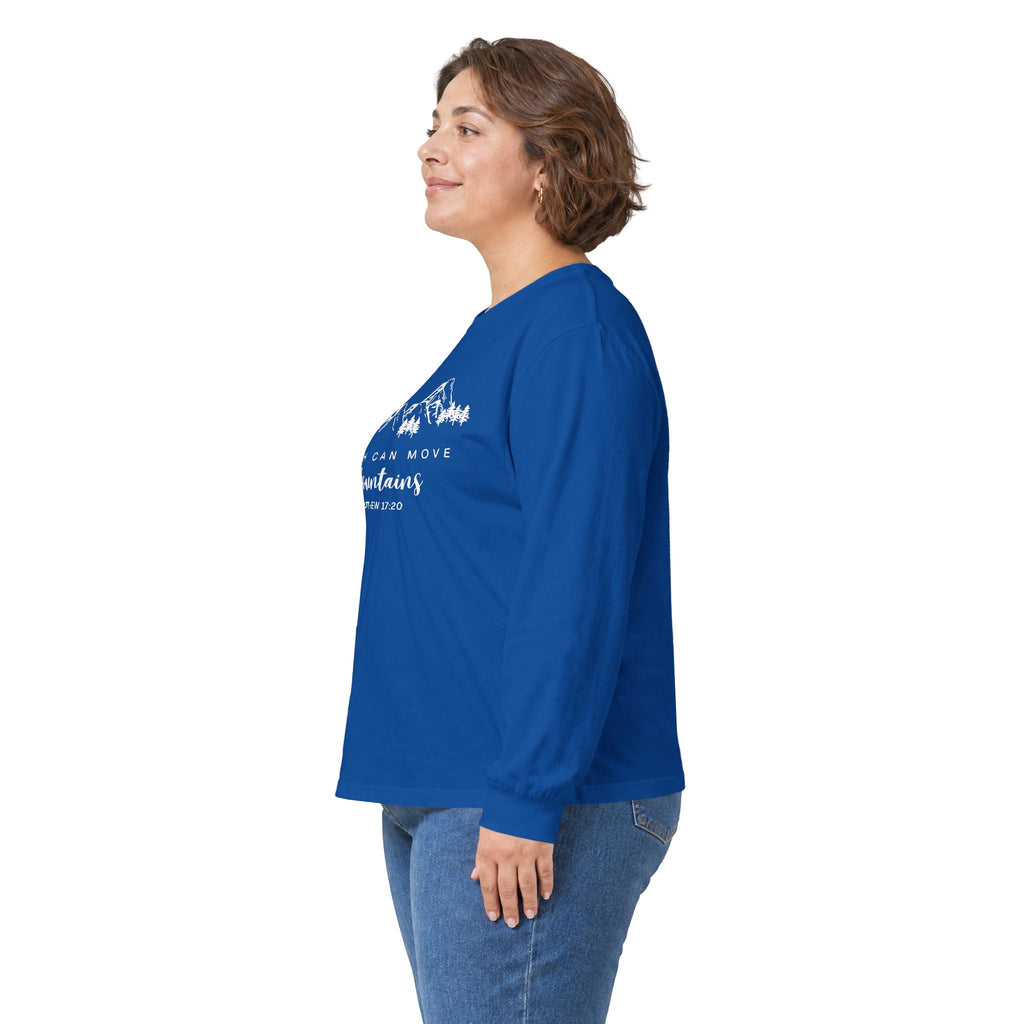 Long Sleeve Tee — "Faith Can Move Mountains" Mountain Graphic