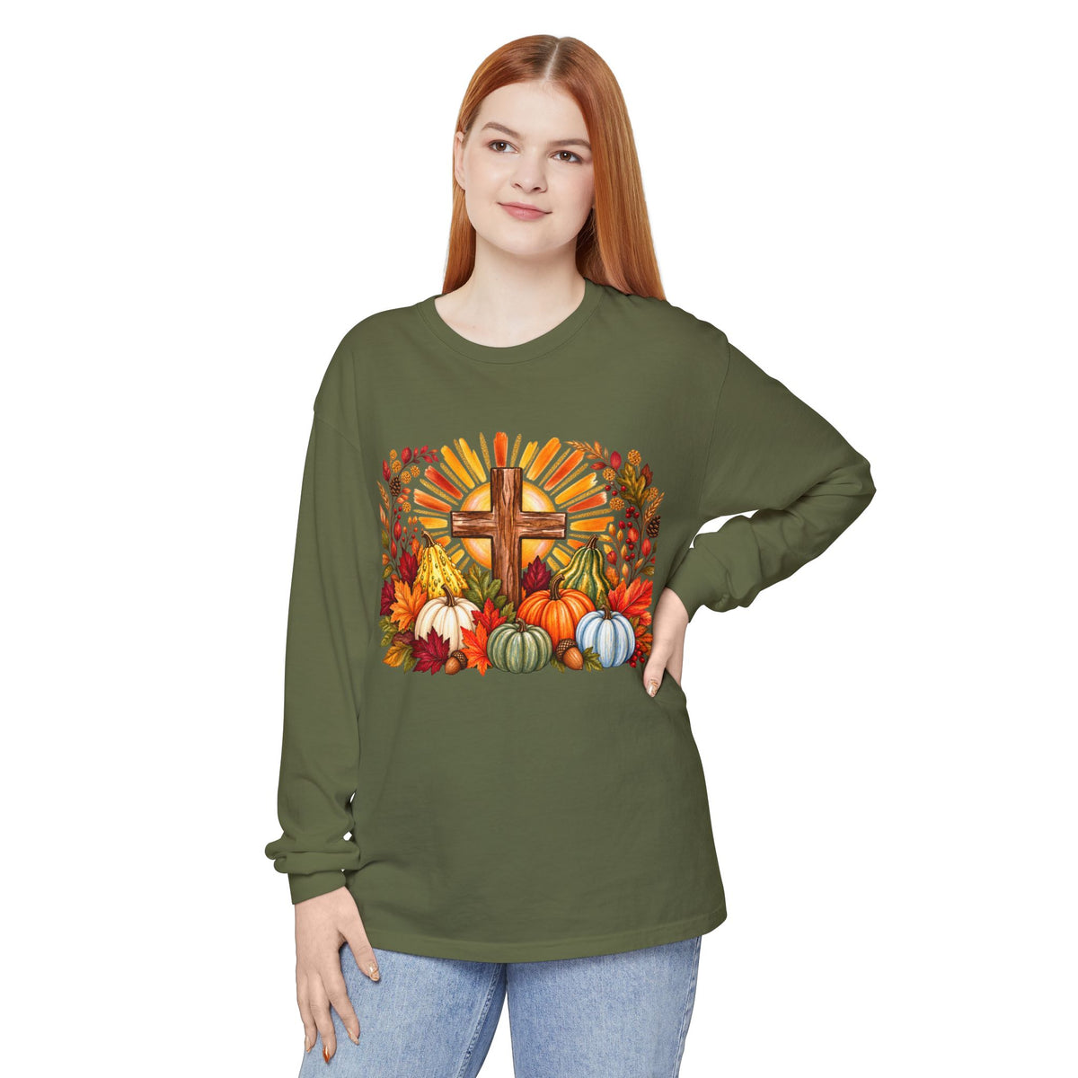 Christian Fall Cross Long Sleeve Tee Autumn Pumpkins and Leaves