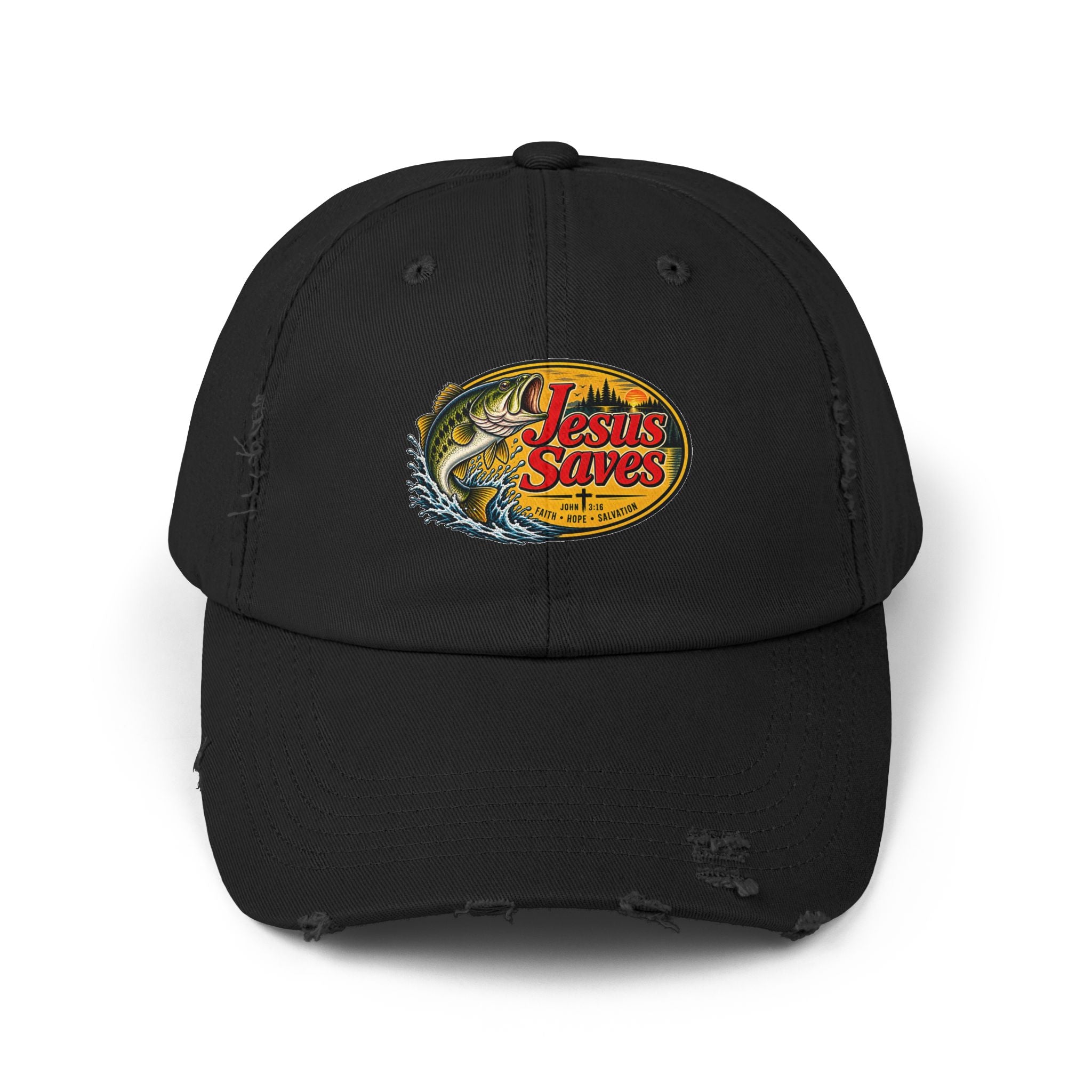 Distressed Cap — "Jesus Saves" Fishing Graphic Hat