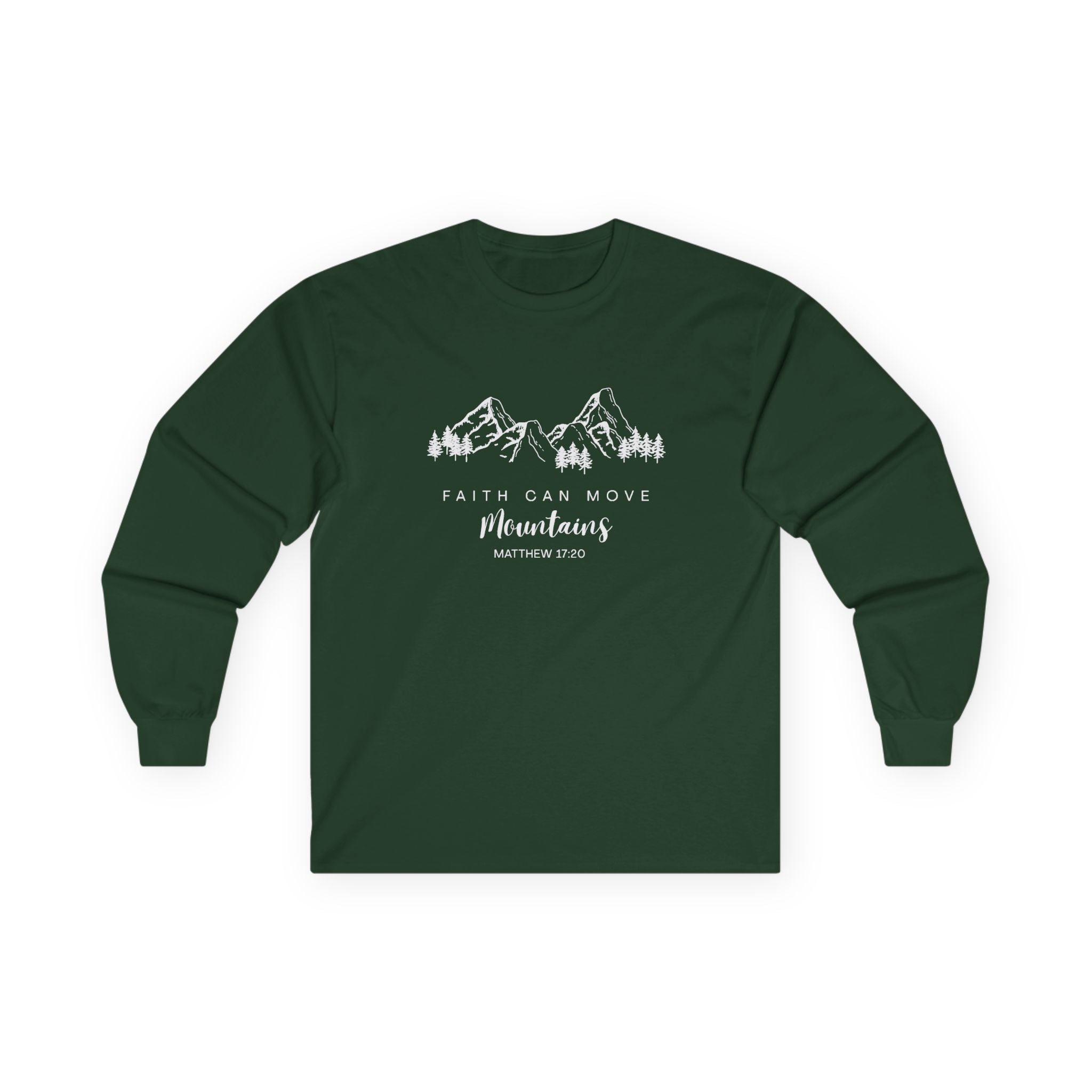 Long Sleeve Tee — "Faith Can Move Mountains" Mountain Graphic