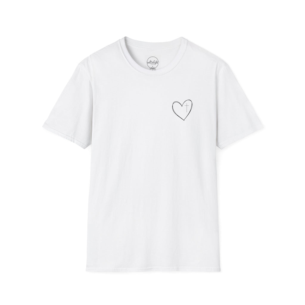 Minimal Cross Heart T‑Shirt — Simple Christian Heart Chest Tee