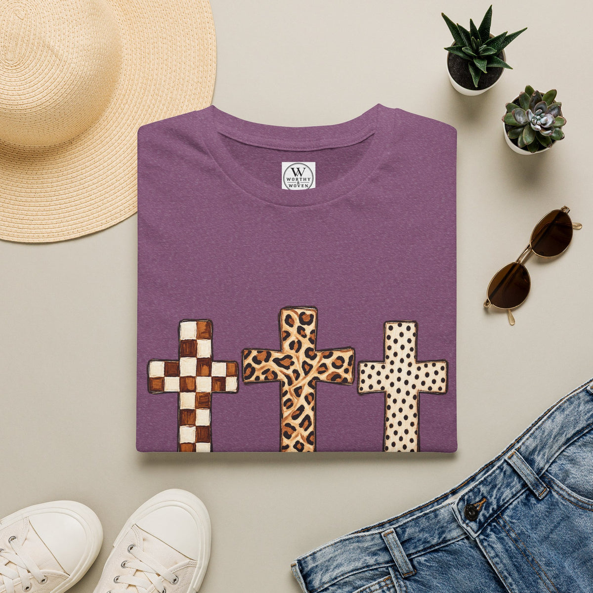 Leopard Checker Crosses Graphic T Shirt  Christian Faith Tee