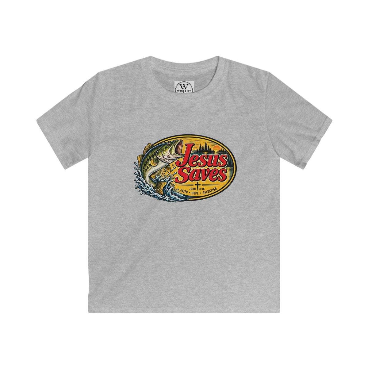 Kids Tee — 'Jesus Saves' Fishing Graphic Christian Shirt