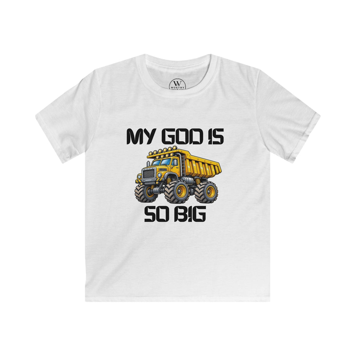 Kids Tee – "My God Is So Big" Yellow Dump Truck Graphic