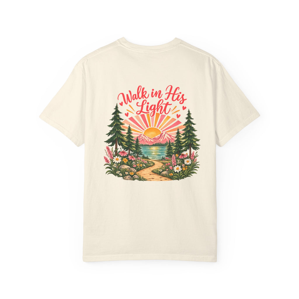 Walk in His Light T‑Shirt — Christian Sunrise Nature Tee